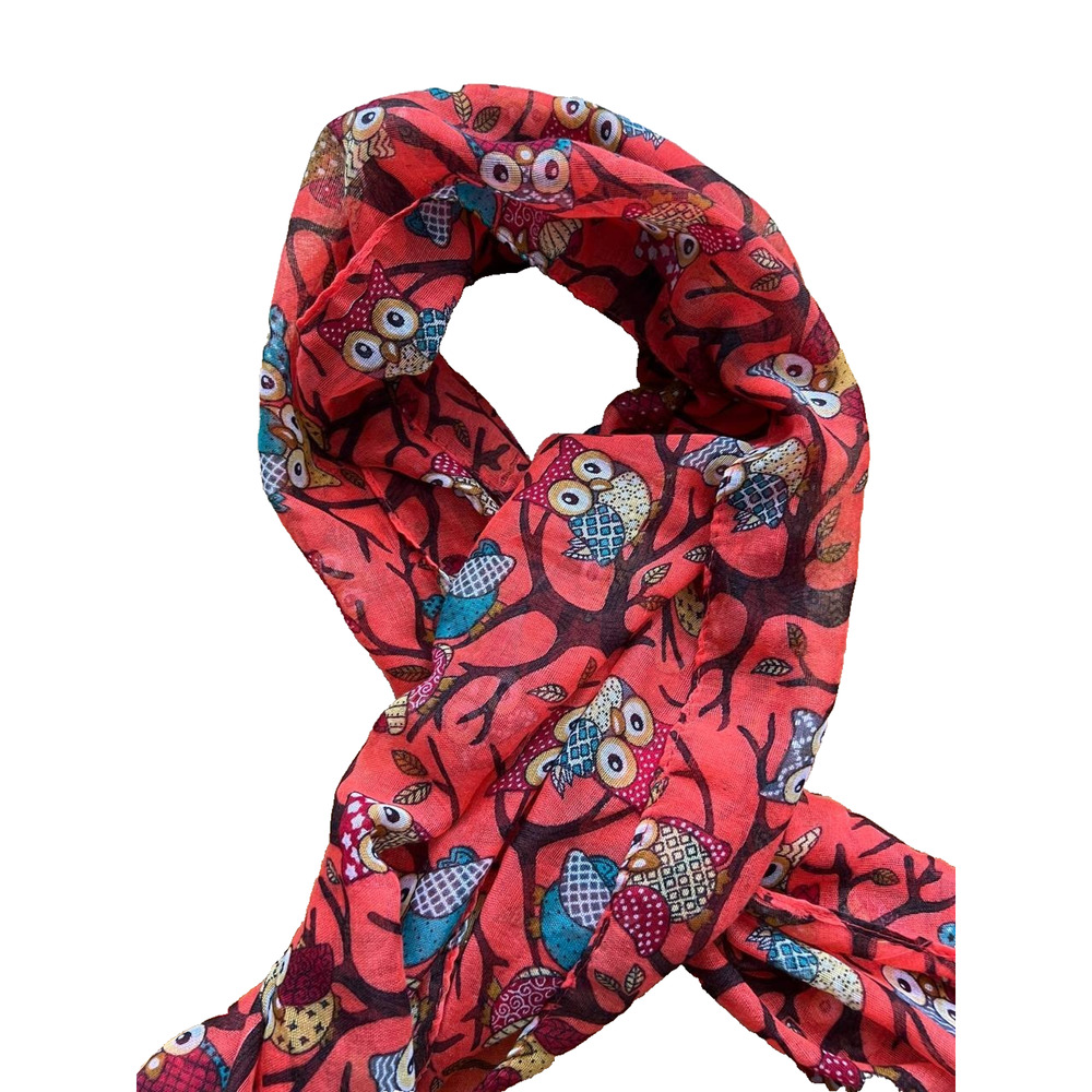 Owl On a Branch Print Ladies Fashion Maxi Scarf Wrap Sarong Red A003152